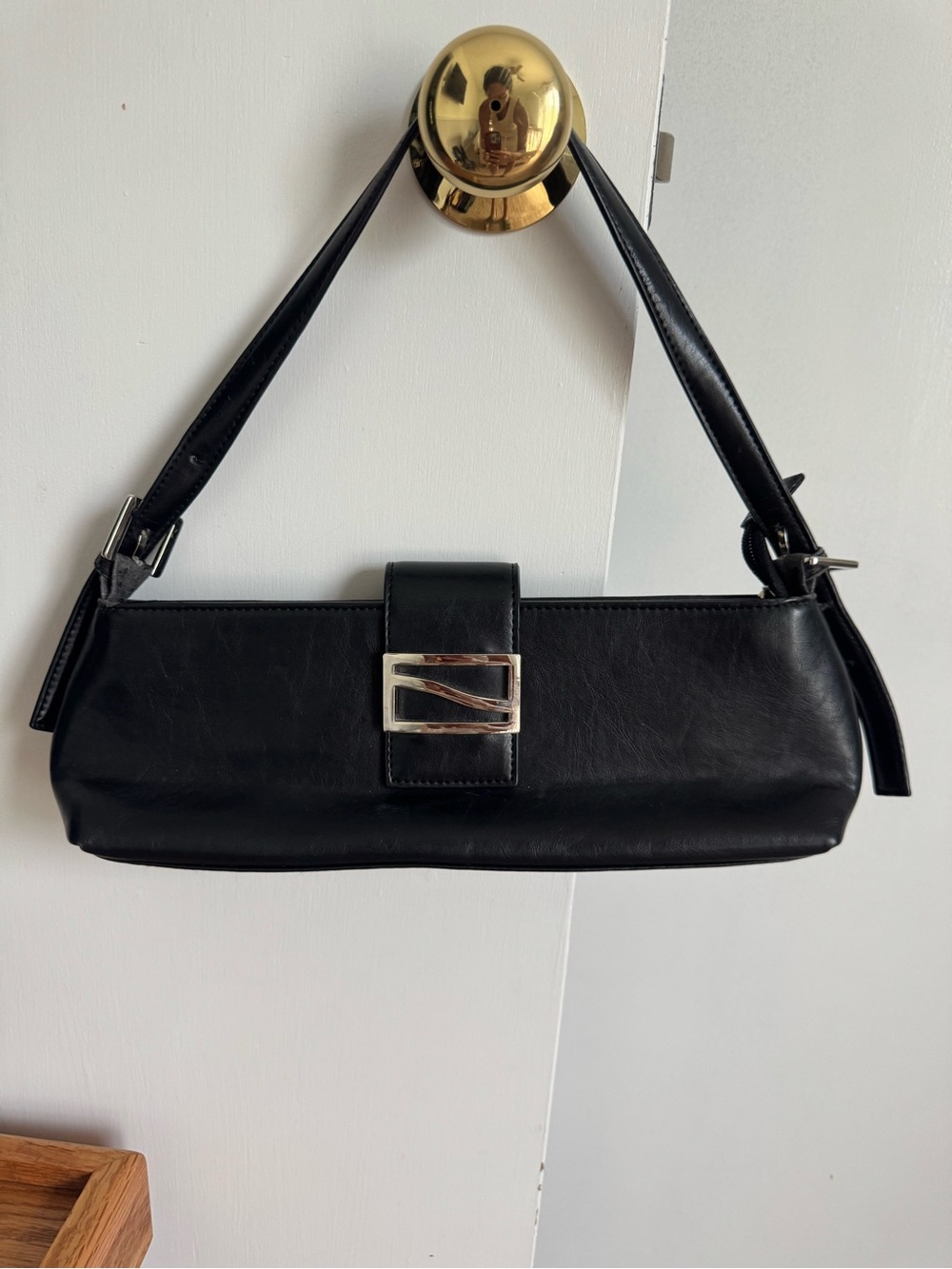 Classic Black Leather Shoulder Bag with Silver Buckle